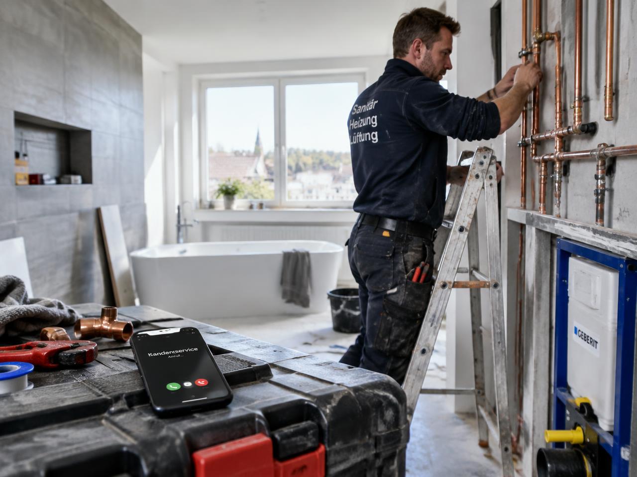 Tradesperson at work with a phone ringing in the foreground